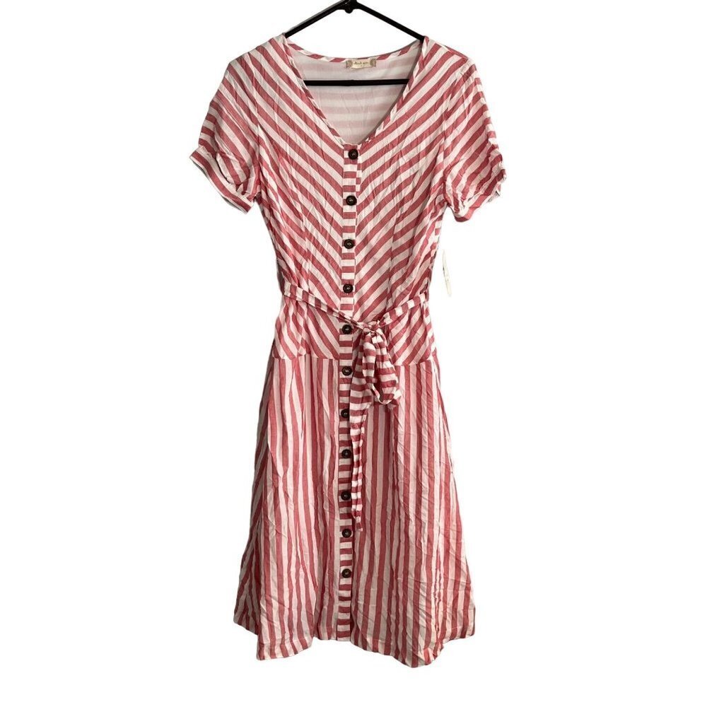 Altar’d State Pink Stripe Button‎ Front Midi A-Line Dress Short Sleeve L NWT